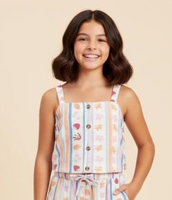 Blusa Infantil em Viscolinho com Estampa Listras e Frutas - Tam 5 a 14 Anos