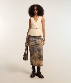 Saia Midi em Paetê com Estampa Abstrata