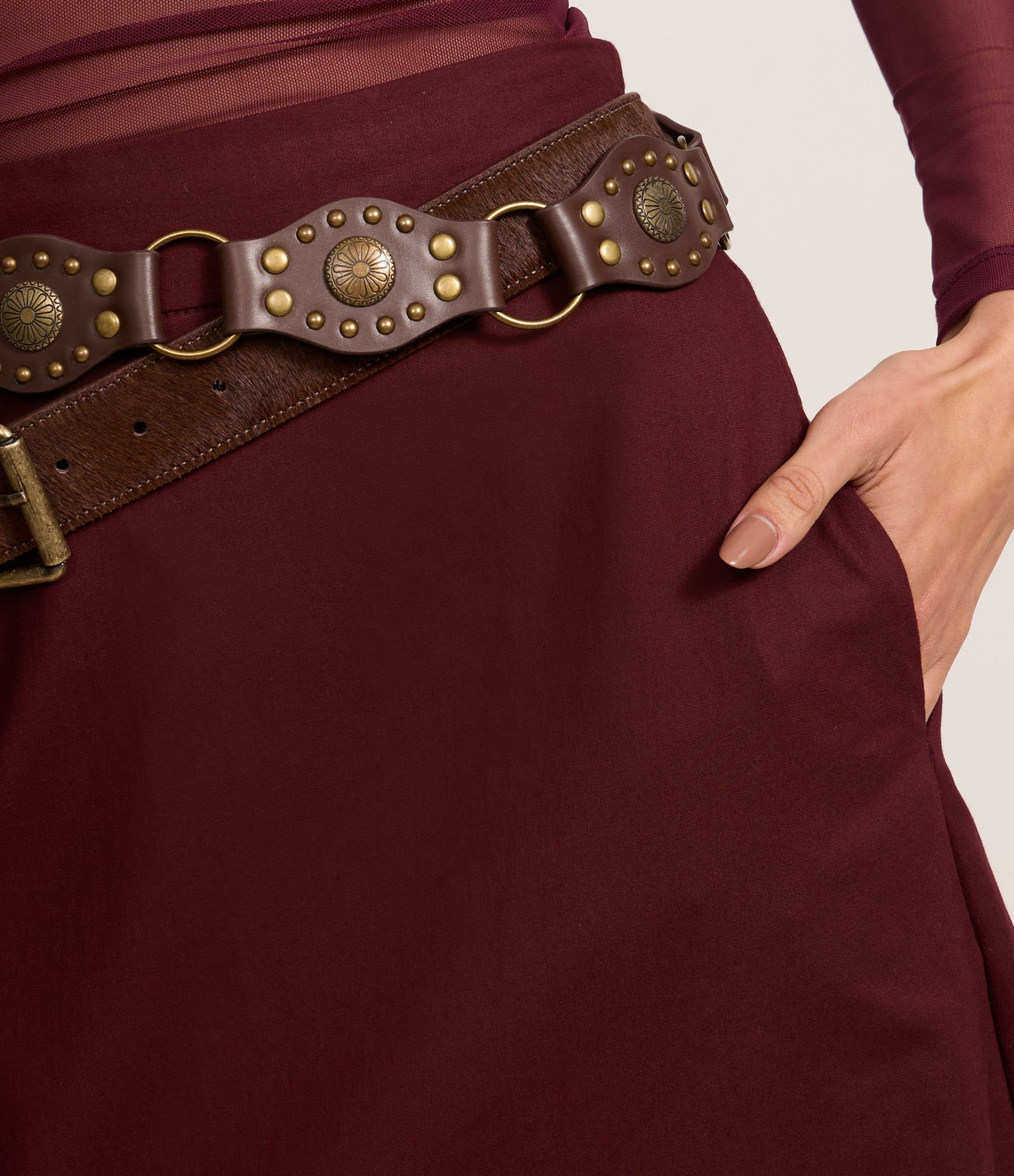 Saia Evasê Long Midi em Tricoline com Pregas Bordô 4