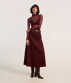 Saia Evasê Long Midi em Tricoline com Pregas