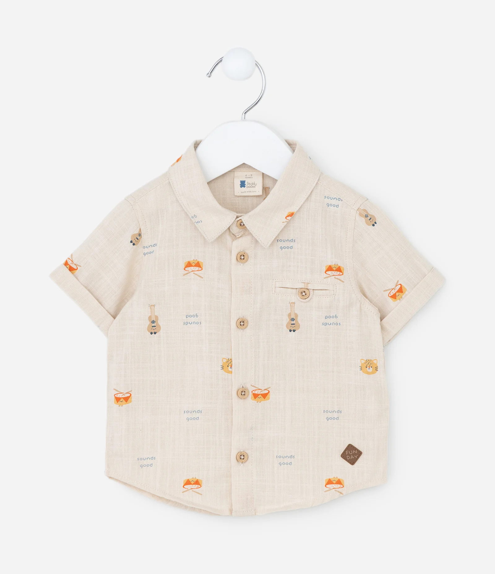 Camisa Infantil Linho com Estampa Mini Ícones de Bichinhos – Tam RN a 18 Meses Bege 1