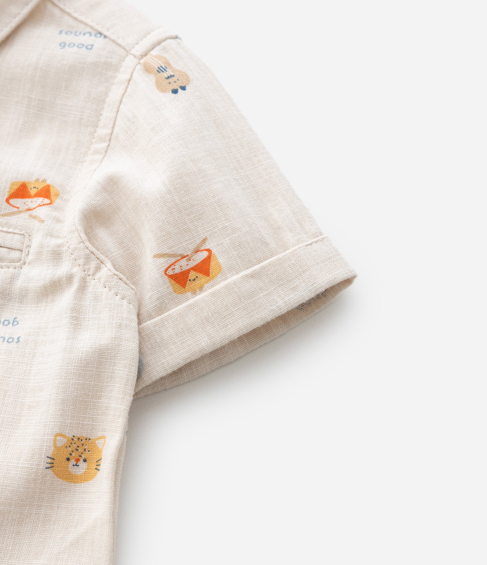 Camisa Infantil Linho com Estampa Mini Ícones de Bichinhos – Tam RN a 18 Meses Bege 4