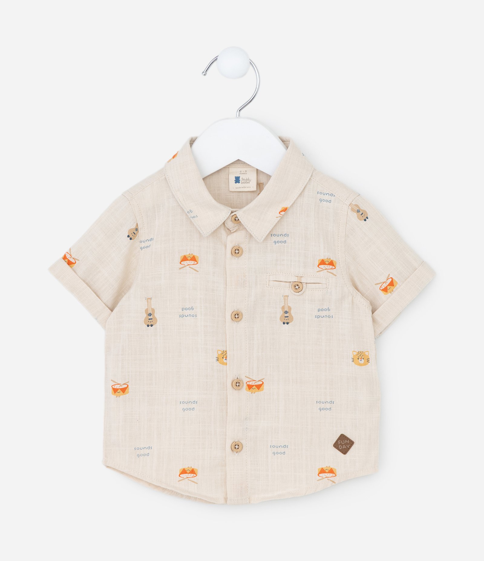 Camisa Infantil Linho com Estampa Mini Ícones de Bichinhos – Tam RN a 18 Meses Bege 1