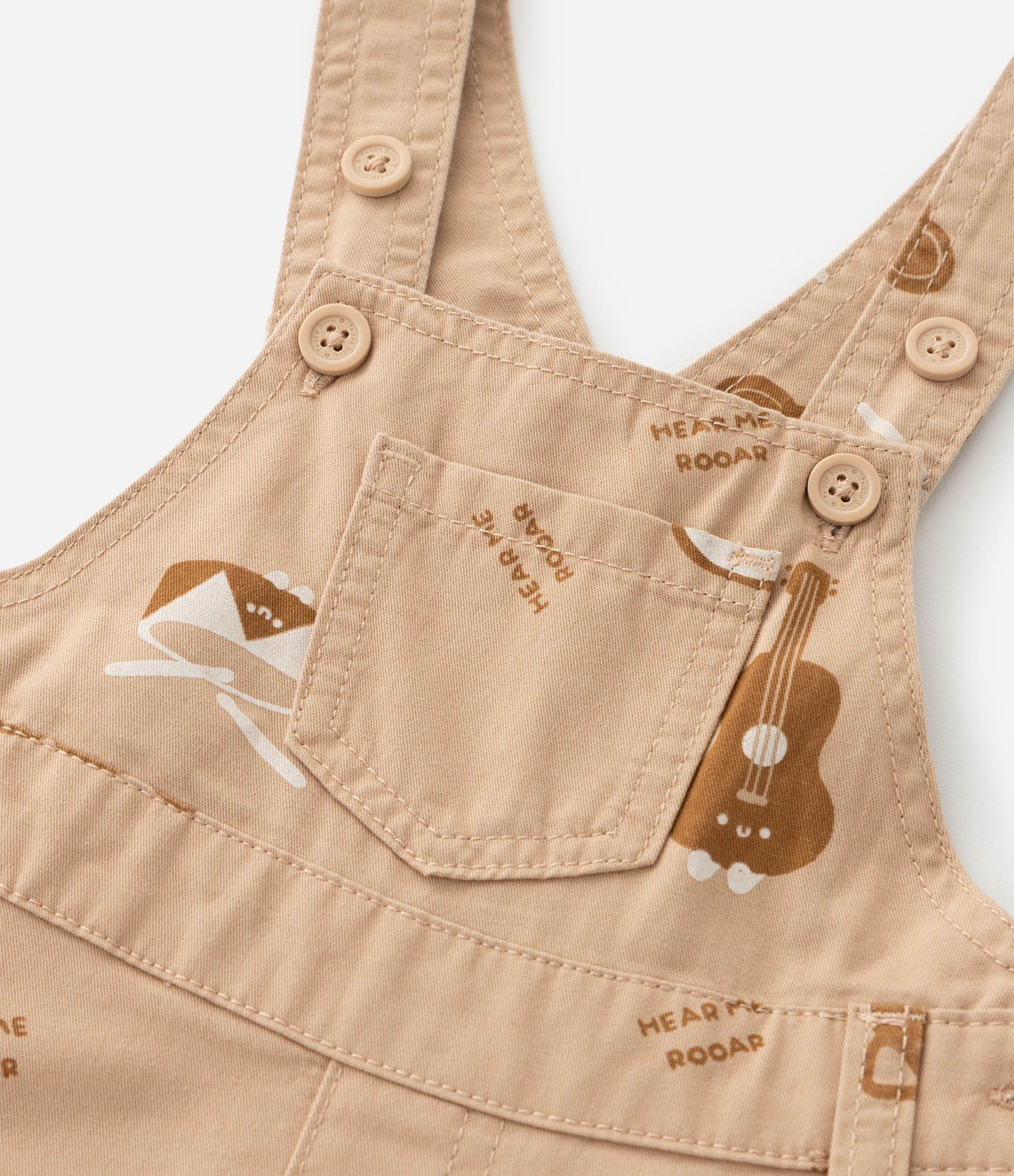 Jardineira Infantil Em Sarja Com Estampa De Bichos - Tam RN A 18 Meses Bege Claro 8