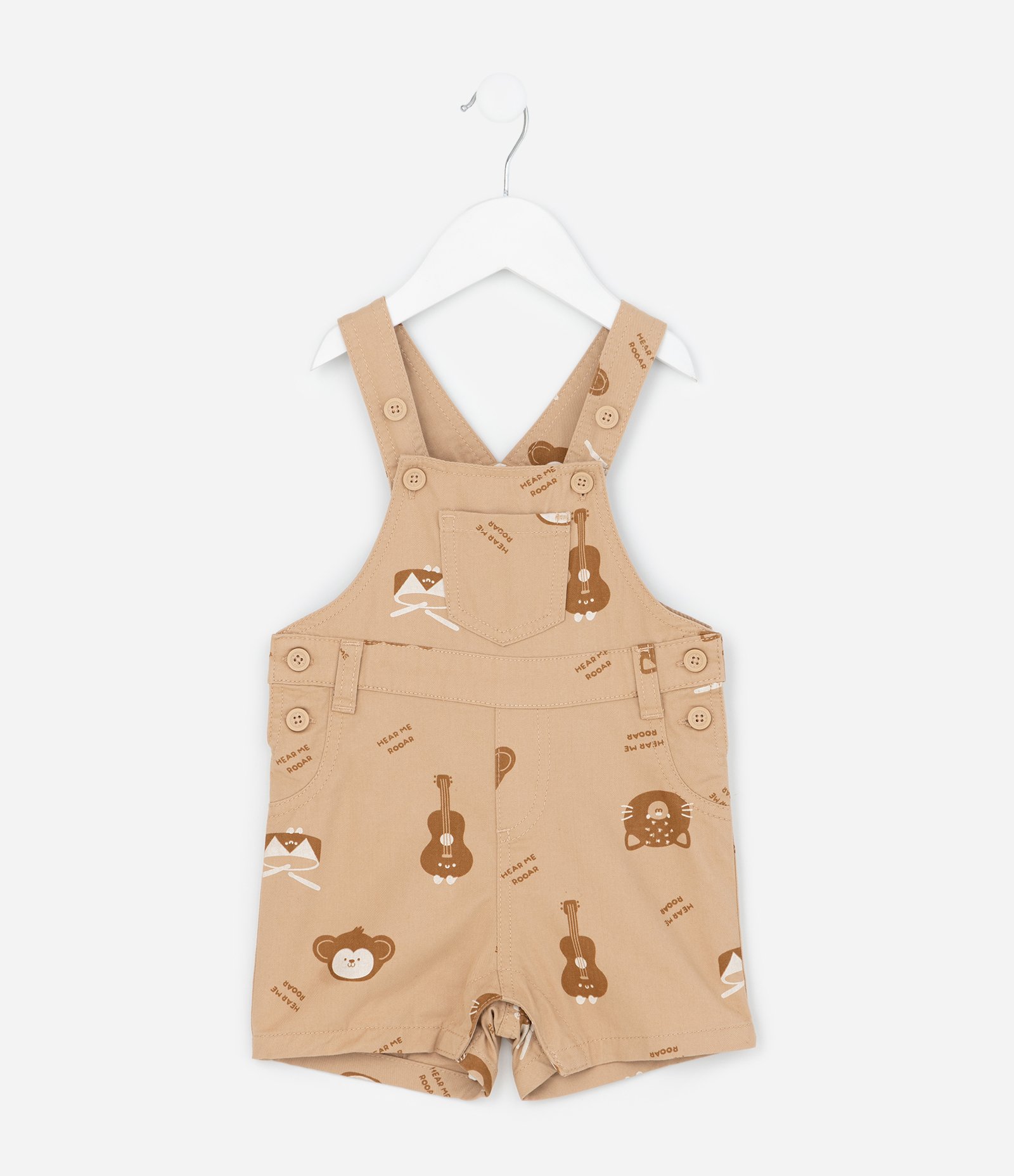 Jardineira Infantil Em Sarja Com Estampa De Bichos - Tam RN A 18 Meses Bege Claro 1