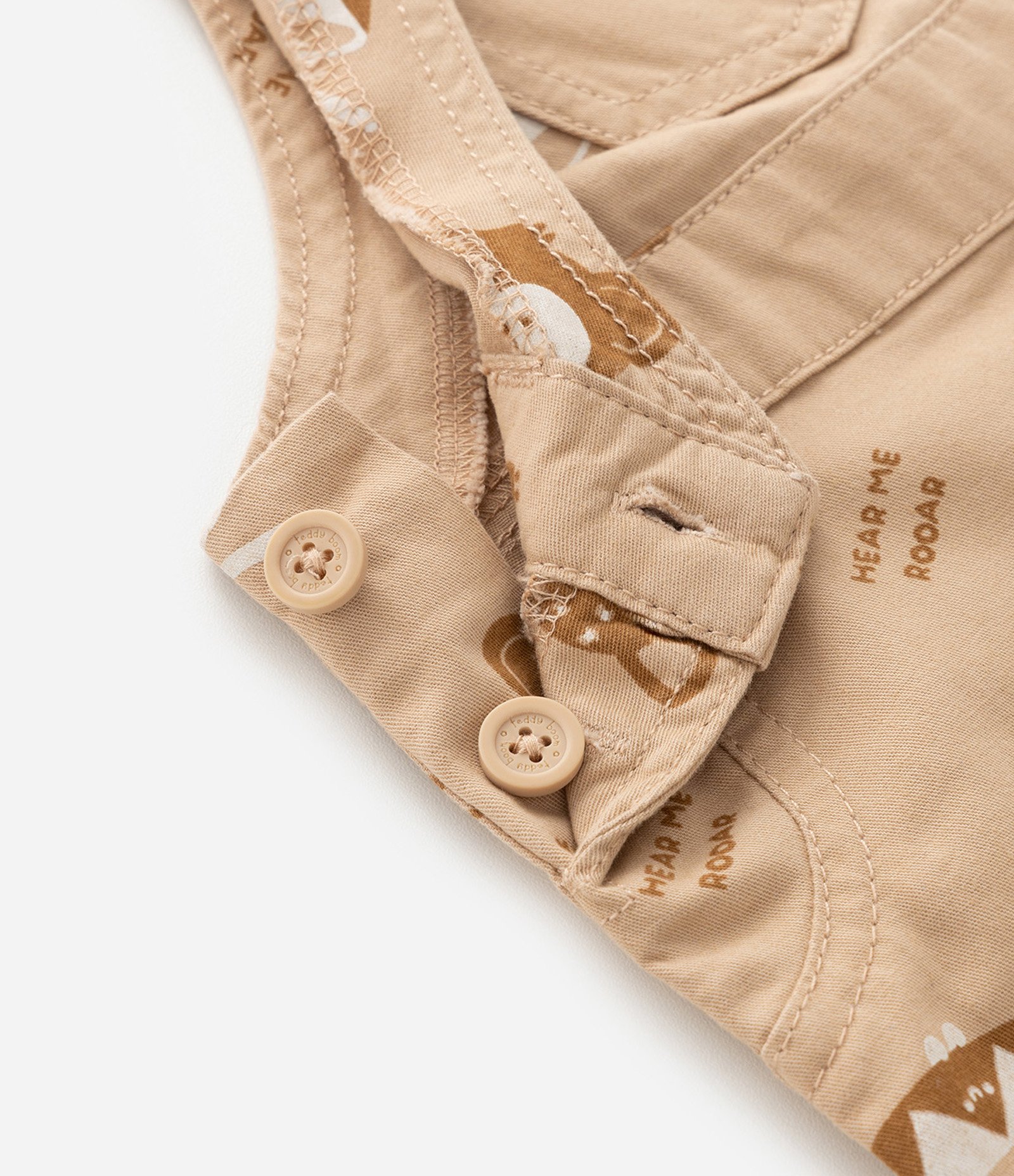 Jardineira Infantil Em Sarja Com Estampa De Bichos - Tam RN A 18 Meses Bege Claro 5