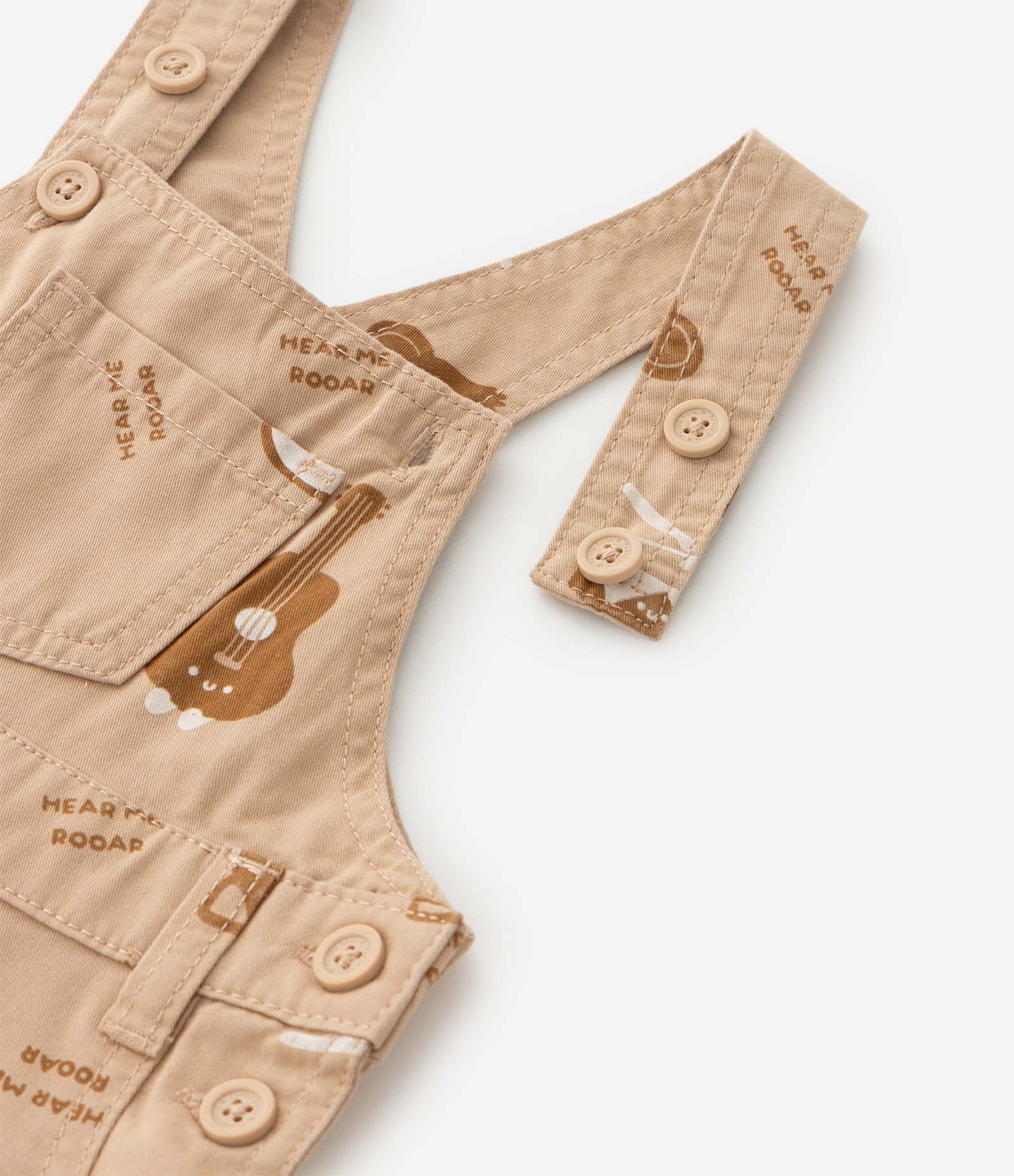 Jardineira Infantil Em Sarja Com Estampa De Bichos - Tam RN A 18 Meses Bege Claro 6