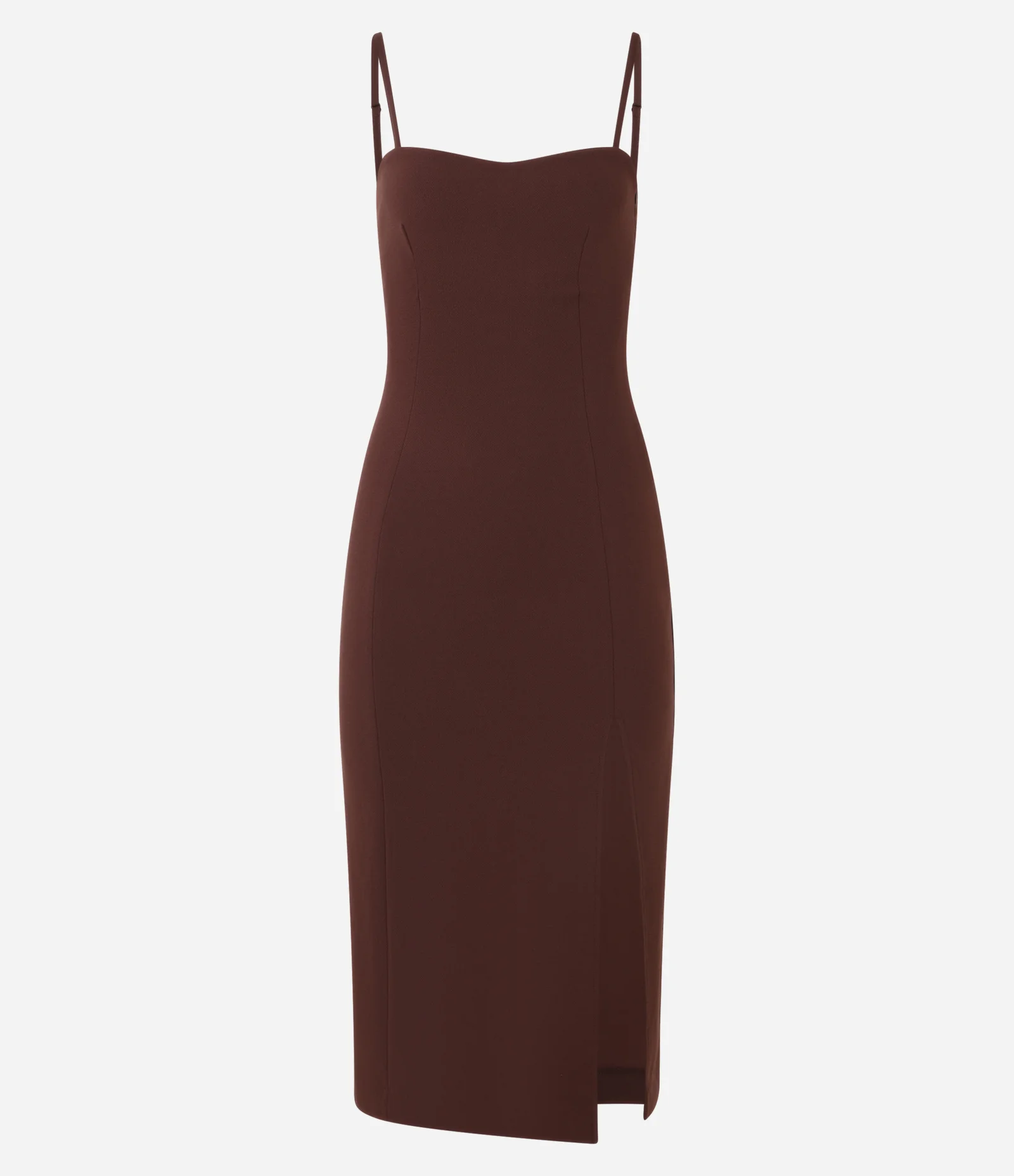 Vestido Midi em Malha Crepe com Alças Finas e Fenda Marrom 1