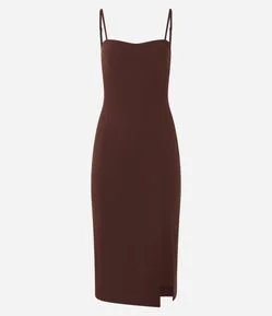 Vestido Midi em Malha Crepe com Alças Finas e Fenda