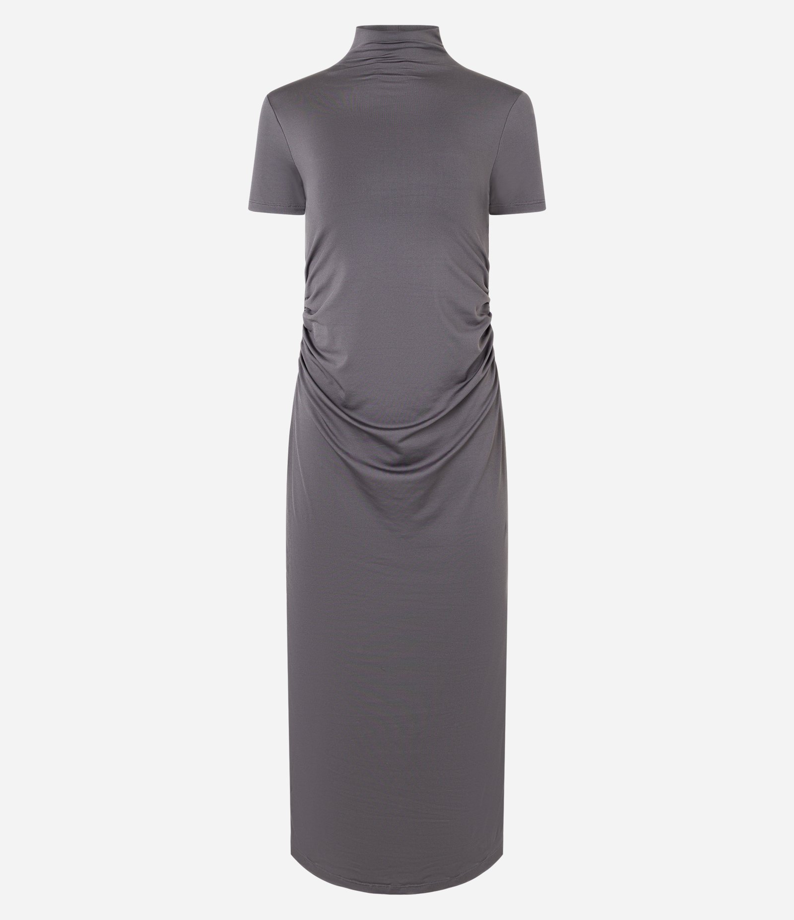 Vestido Longo em Jersey com Golinha Alta e Franzido Cinza 4