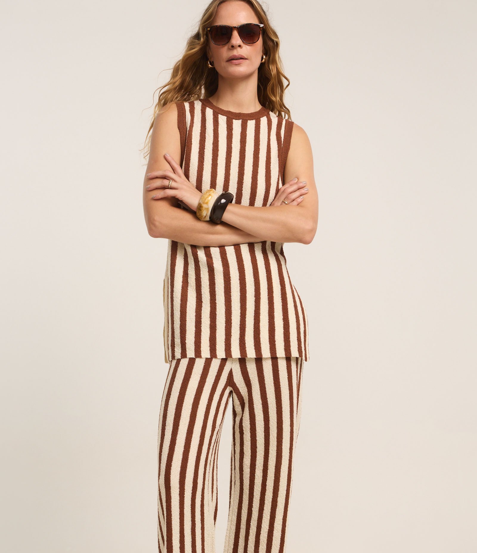 Calça Reta Cintura Alta em Tricô com Listras Bicolor 2