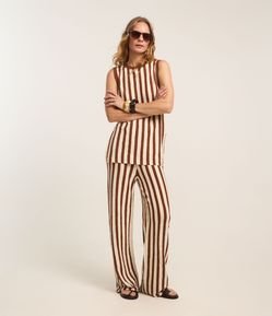 Calça Reta Cintura Alta em Tricô com Listras