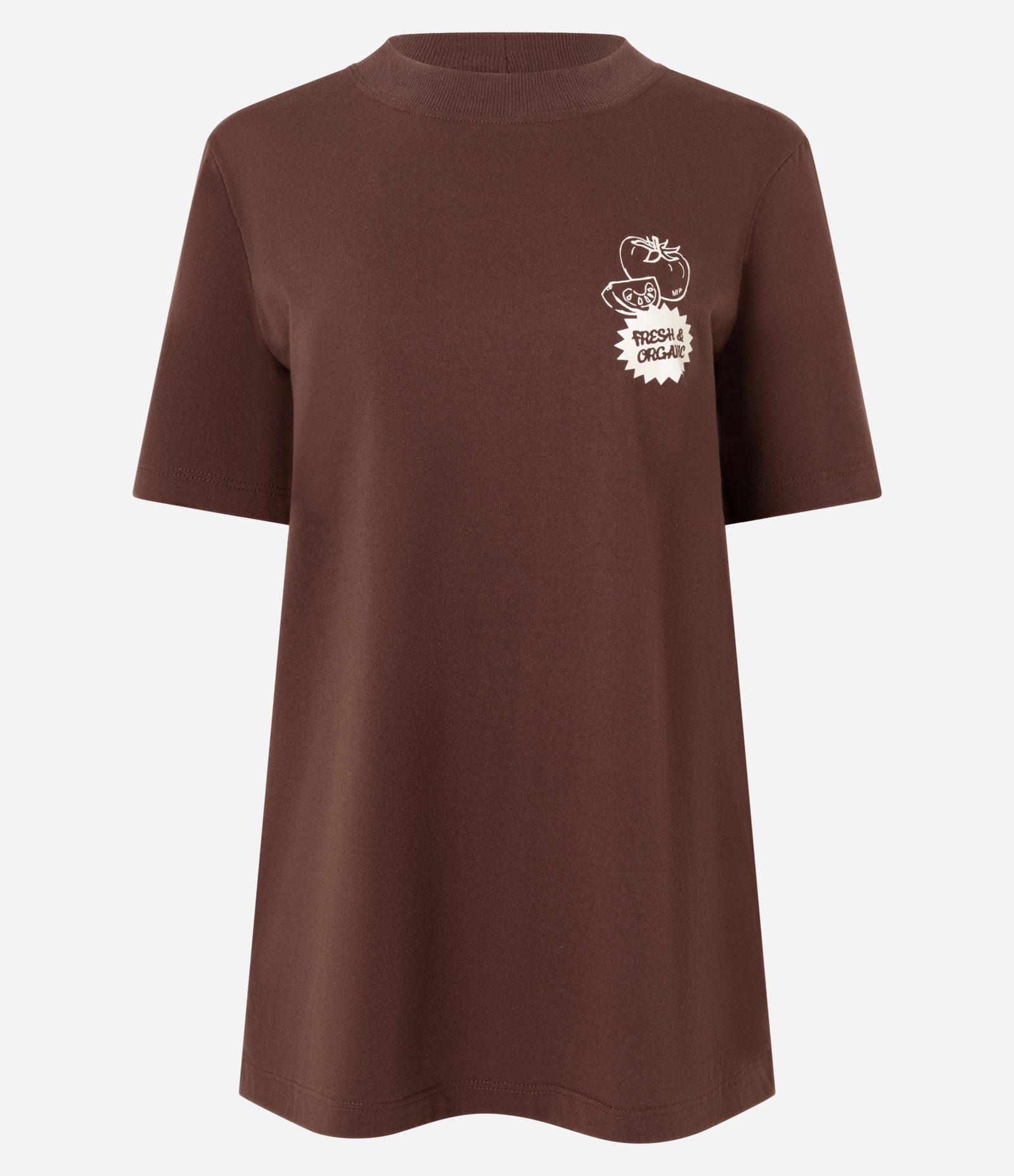 Camiseta Alongada em Algodão com Estampa Market Marrom 5