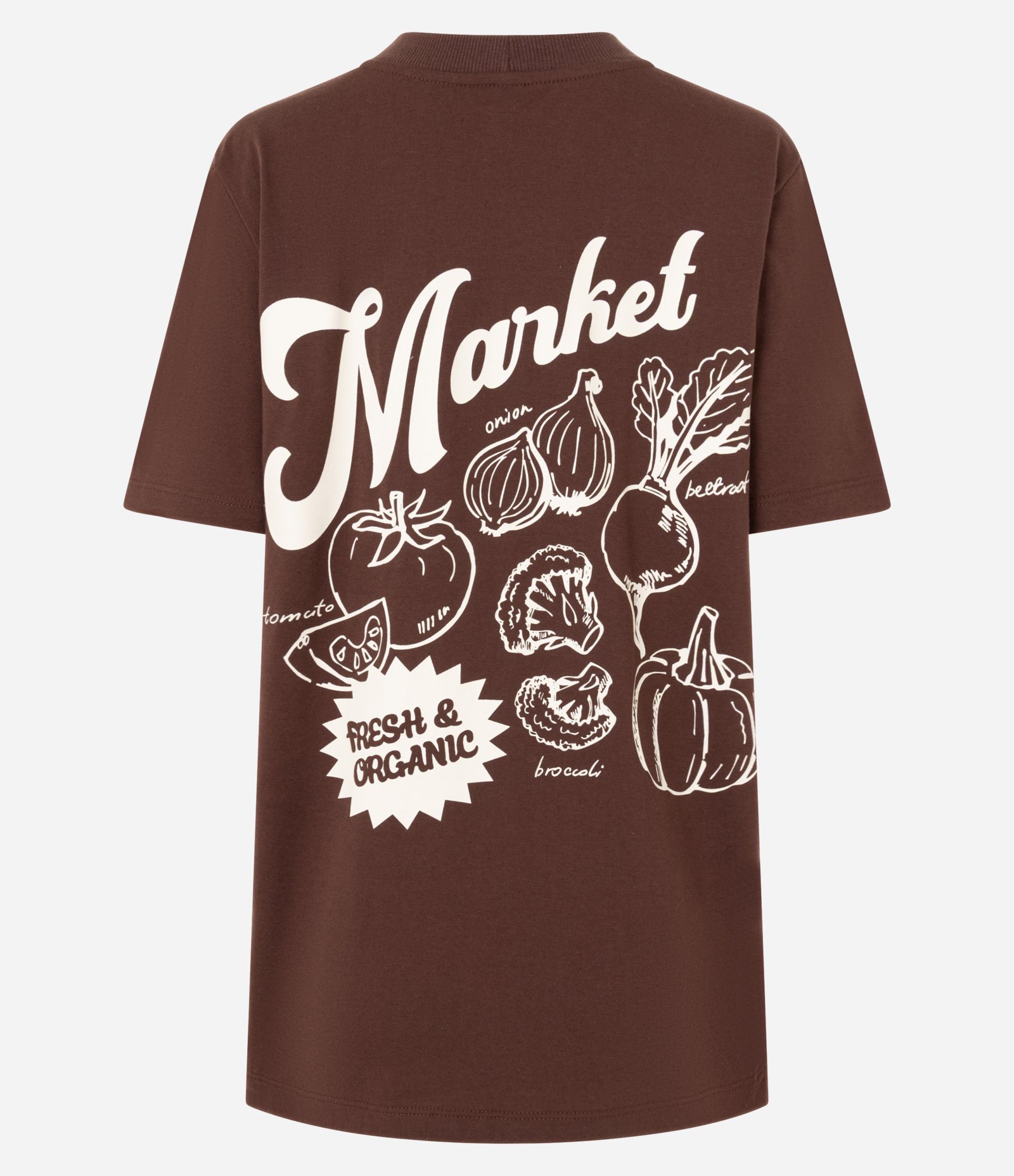 Camiseta Alongada em Algodão com Estampa Market Marrom 6