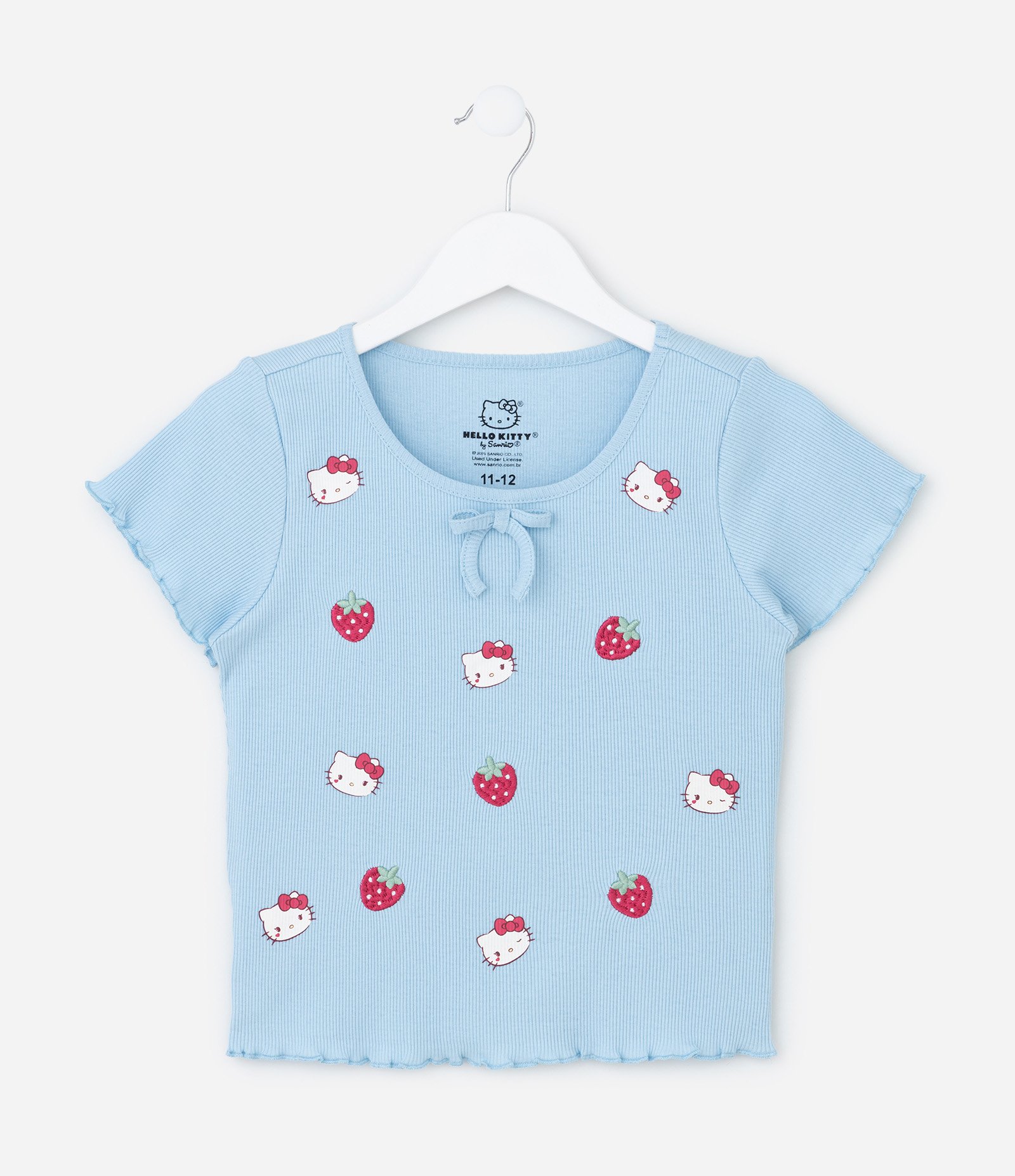 Blusa Infantil Canelada com Estampa Hello Kitty e Morangos - Tam 5 a 14 Anos Azul 3