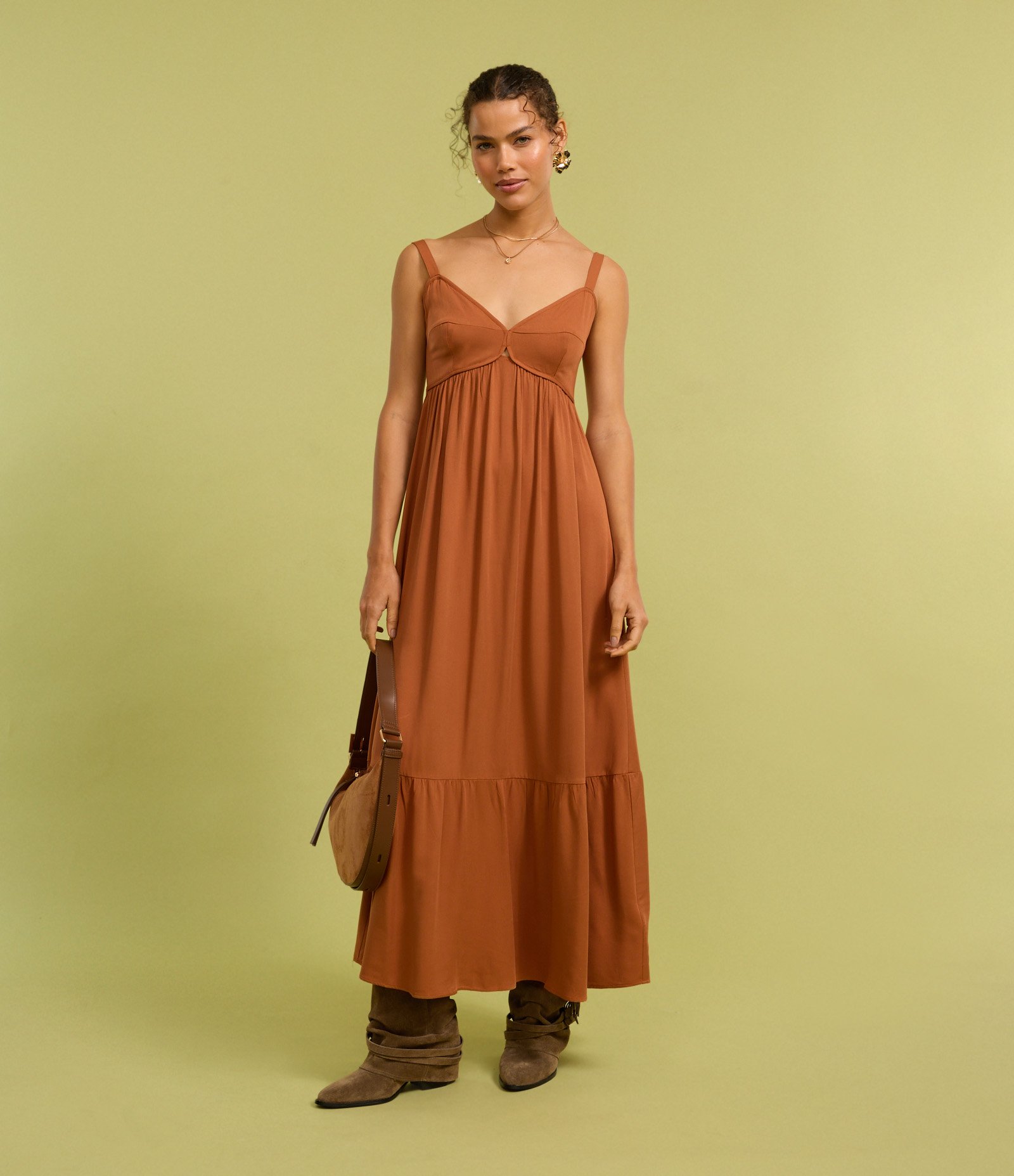 Vestido Long Midi em Viscose Twill e Lastex nas Costas Marrom 4