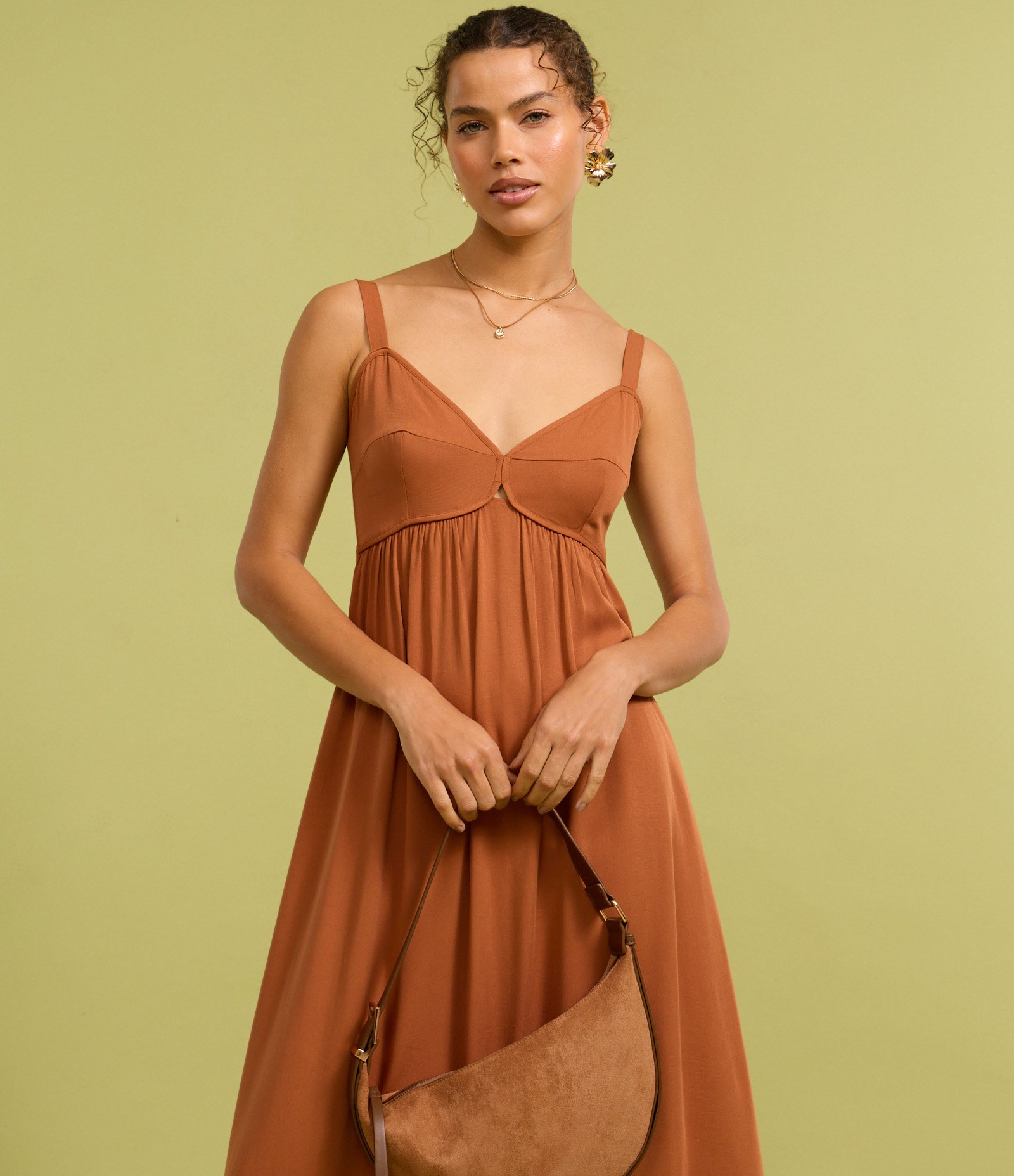 Vestido Long Midi em Viscose Twill e Lastex nas Costas Marrom 5