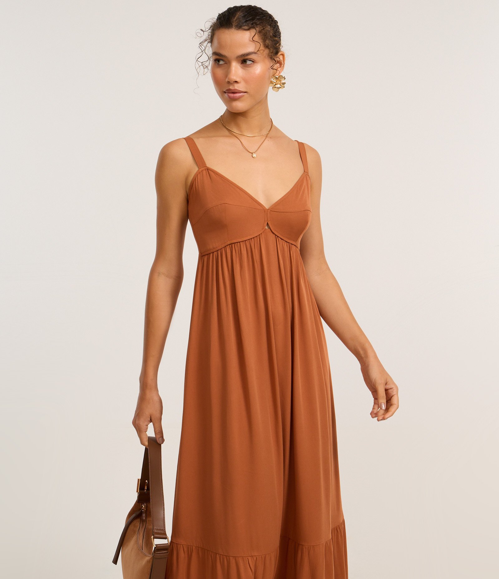 Vestido Long Midi em Viscose Twill e Lastex nas Costas Marrom 2