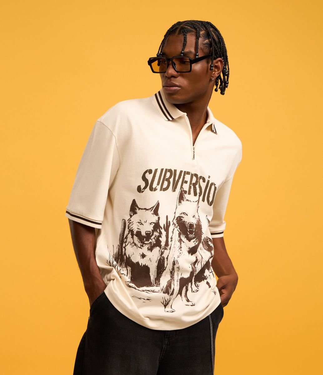 Camisa Oversized Gola Polo com Zíper em Algodão com Estampa de