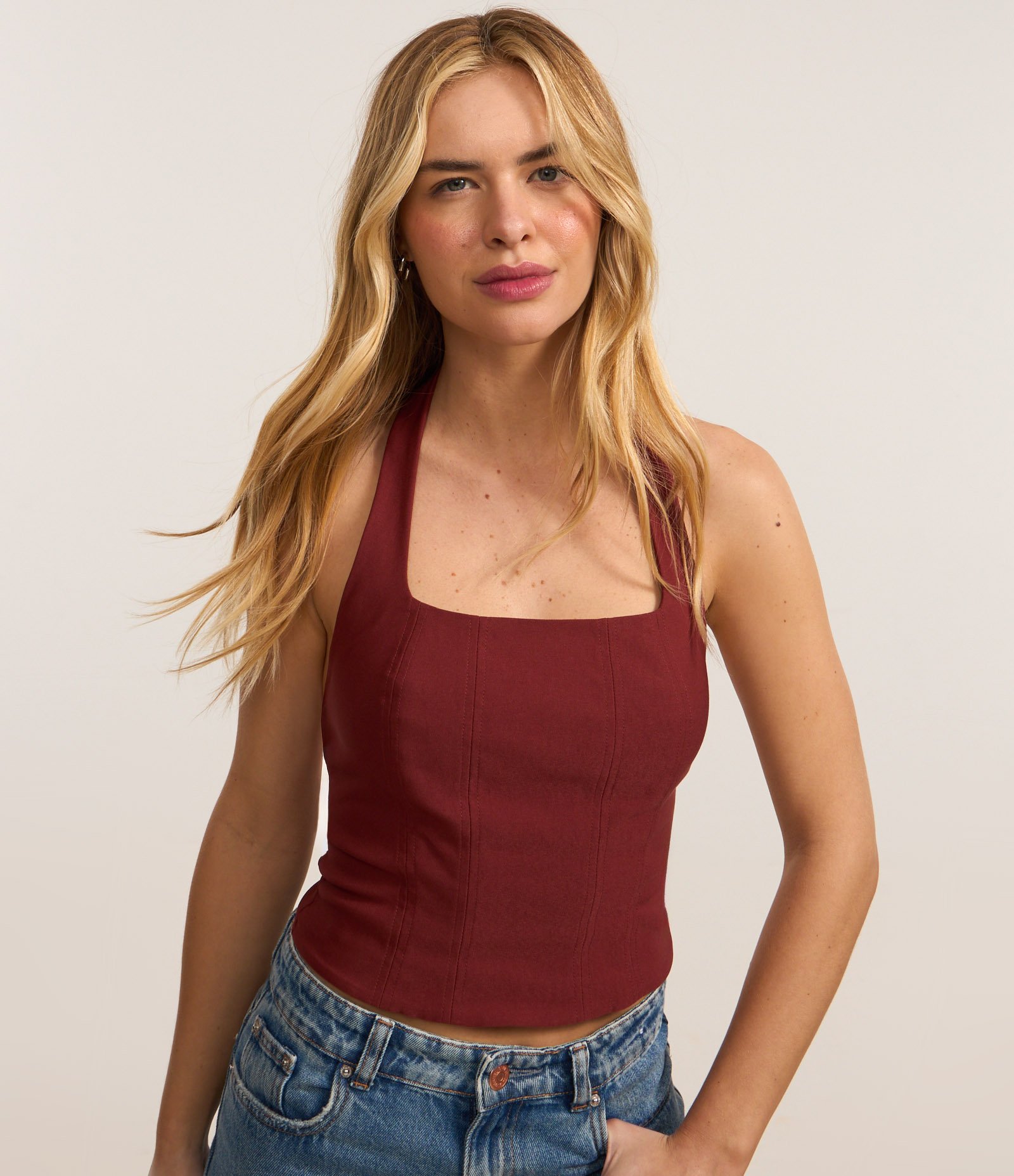 Blusa Cropped em Bengaline Frente Única Bordô 3