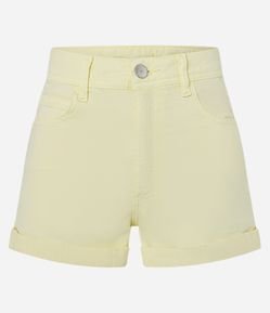 Short em Sarja com Cintura Alta e Barra Dobrada