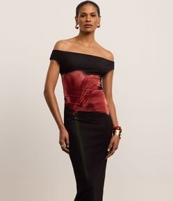 Vestido Ombro a Ombro em Tule com Estampa Floral Blur