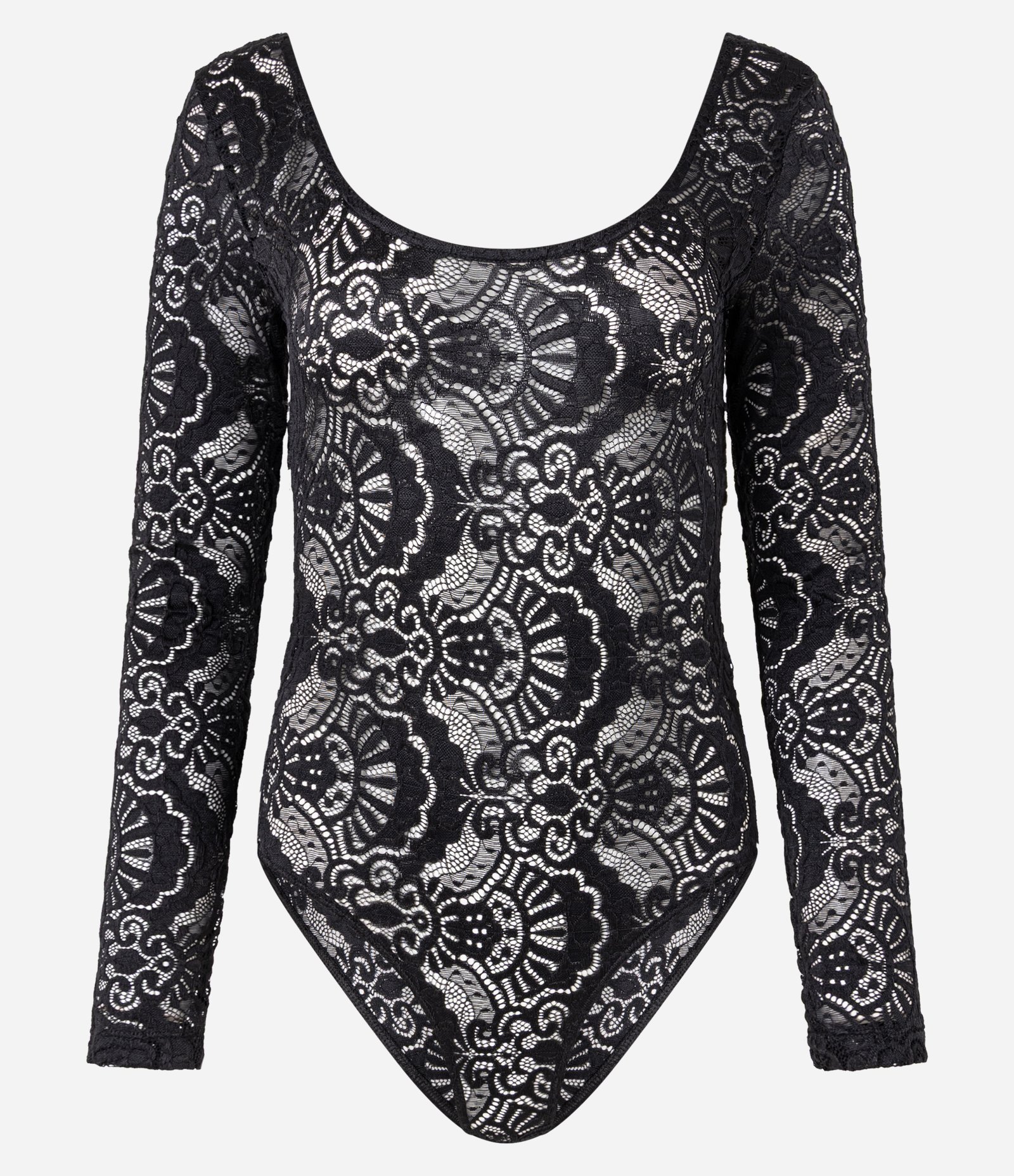 Body em Renda com Textura Floral e Manga longa Preto 4