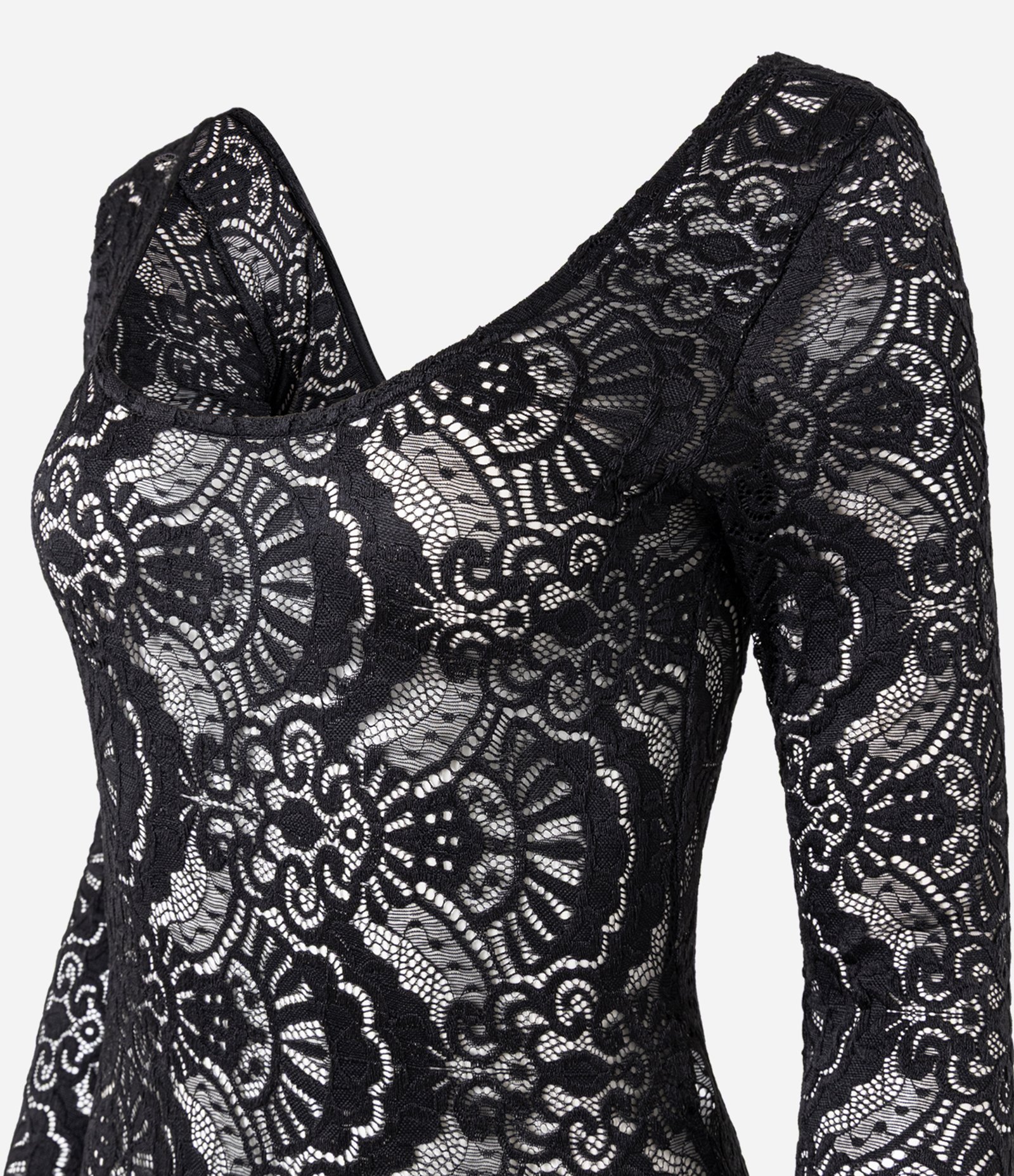 Body em Renda com Textura Floral e Manga longa Preto 5