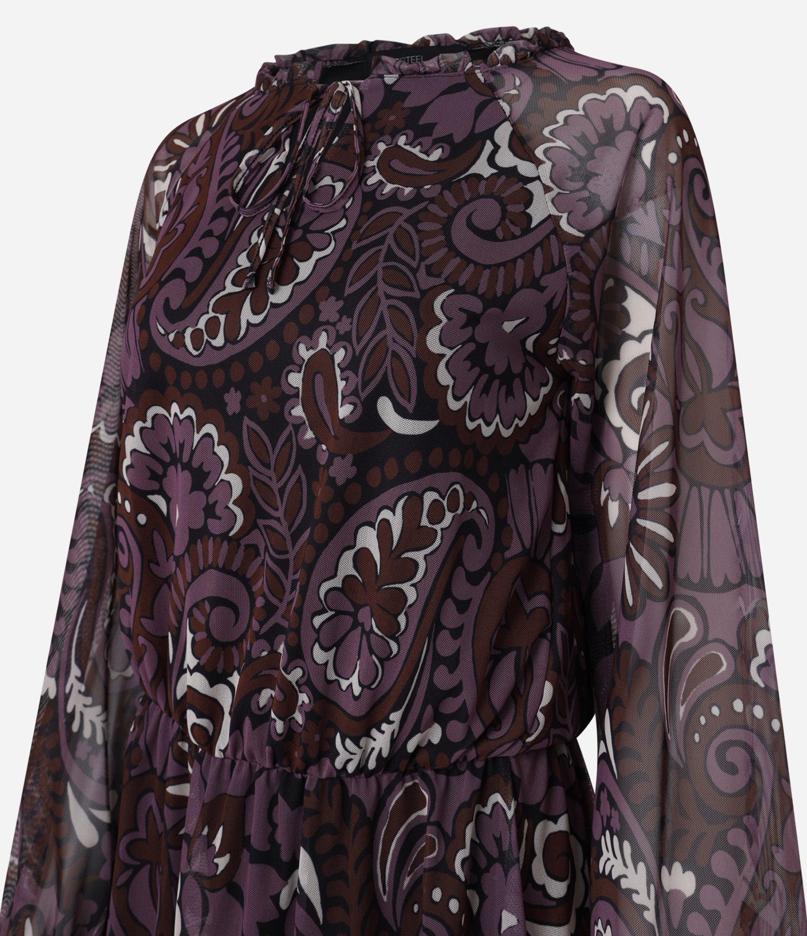 Vestido Curto em Tule com Estampa Paisley e Amarração Preto/Bordô 8
