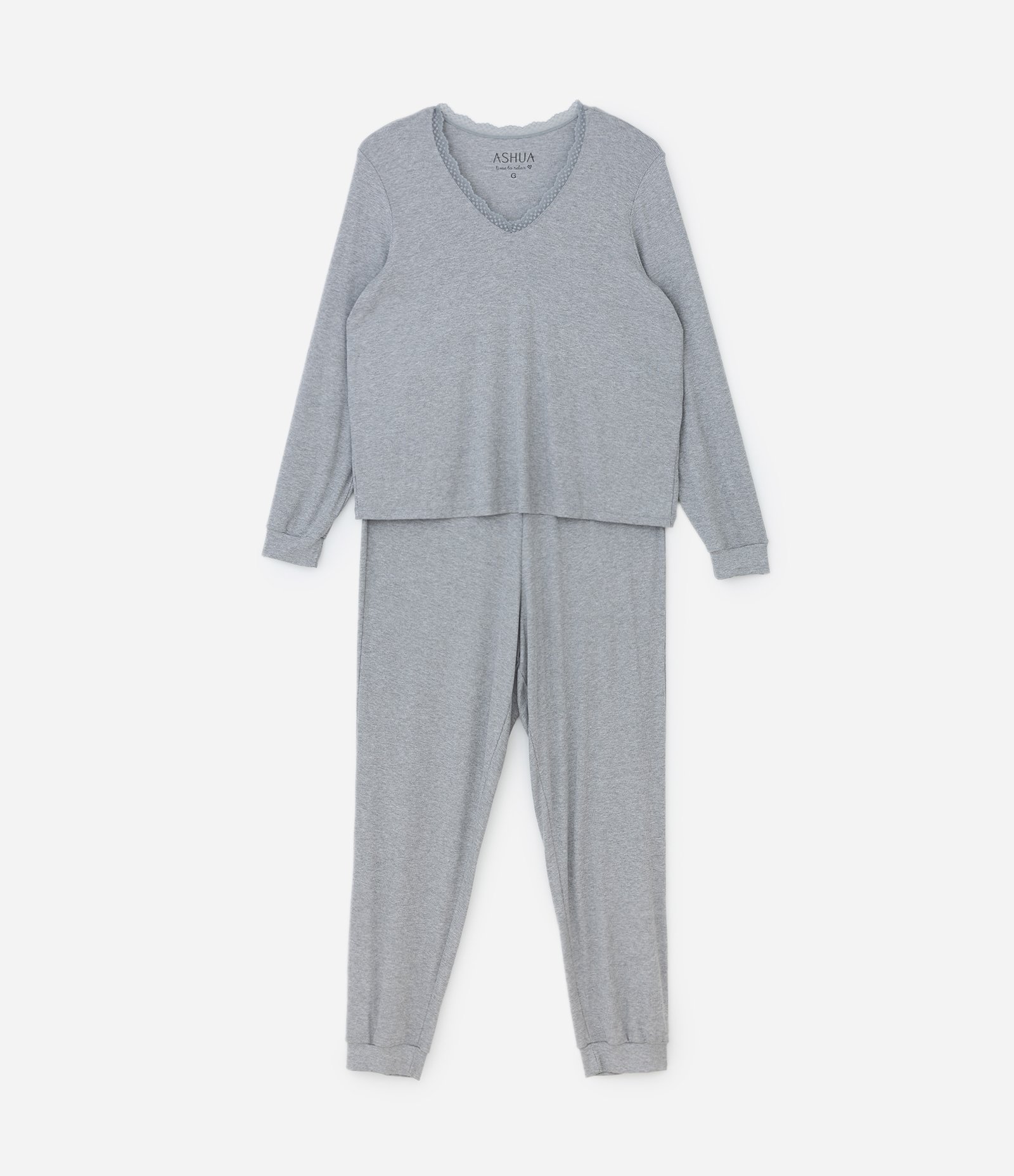 Pijama Longo Canelado com Renda no Decote Curve & Plus Size Cinza 5