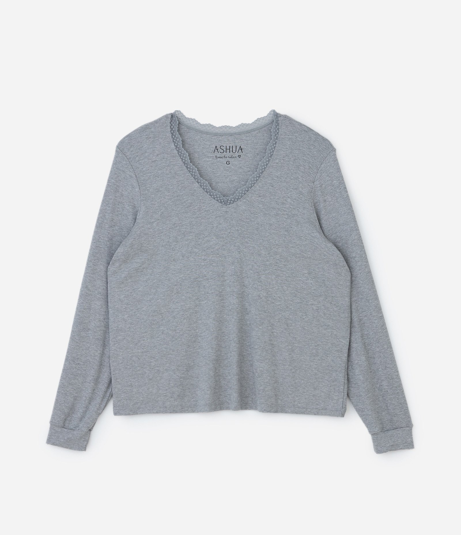 Pijama Longo Canelado com Renda no Decote Curve & Plus Size Cinza 6