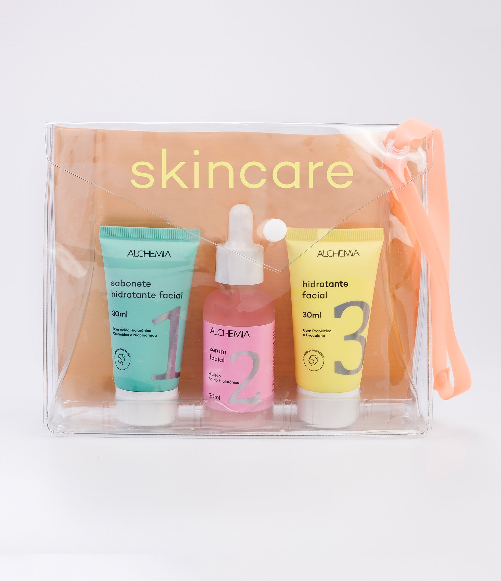 Kit Skincare com Nécessaire Envelope+ Sabonete Liquido + Sérum Facial + Hidratante Facial Alchemia KIT 1
