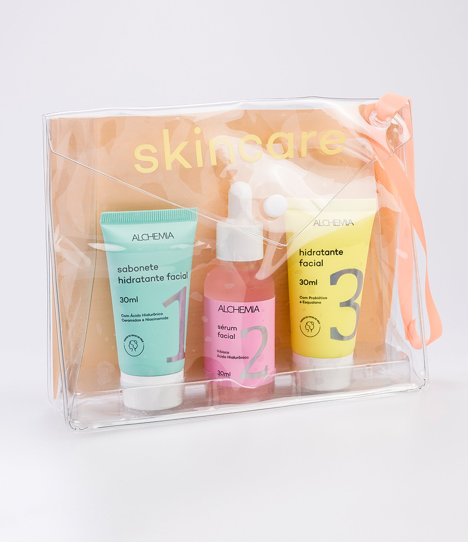 Kit Skincare com Nécessaire Envelope+ Sabonete Liquido + Sérum Facial + Hidratante Facial Alchemia KIT 2