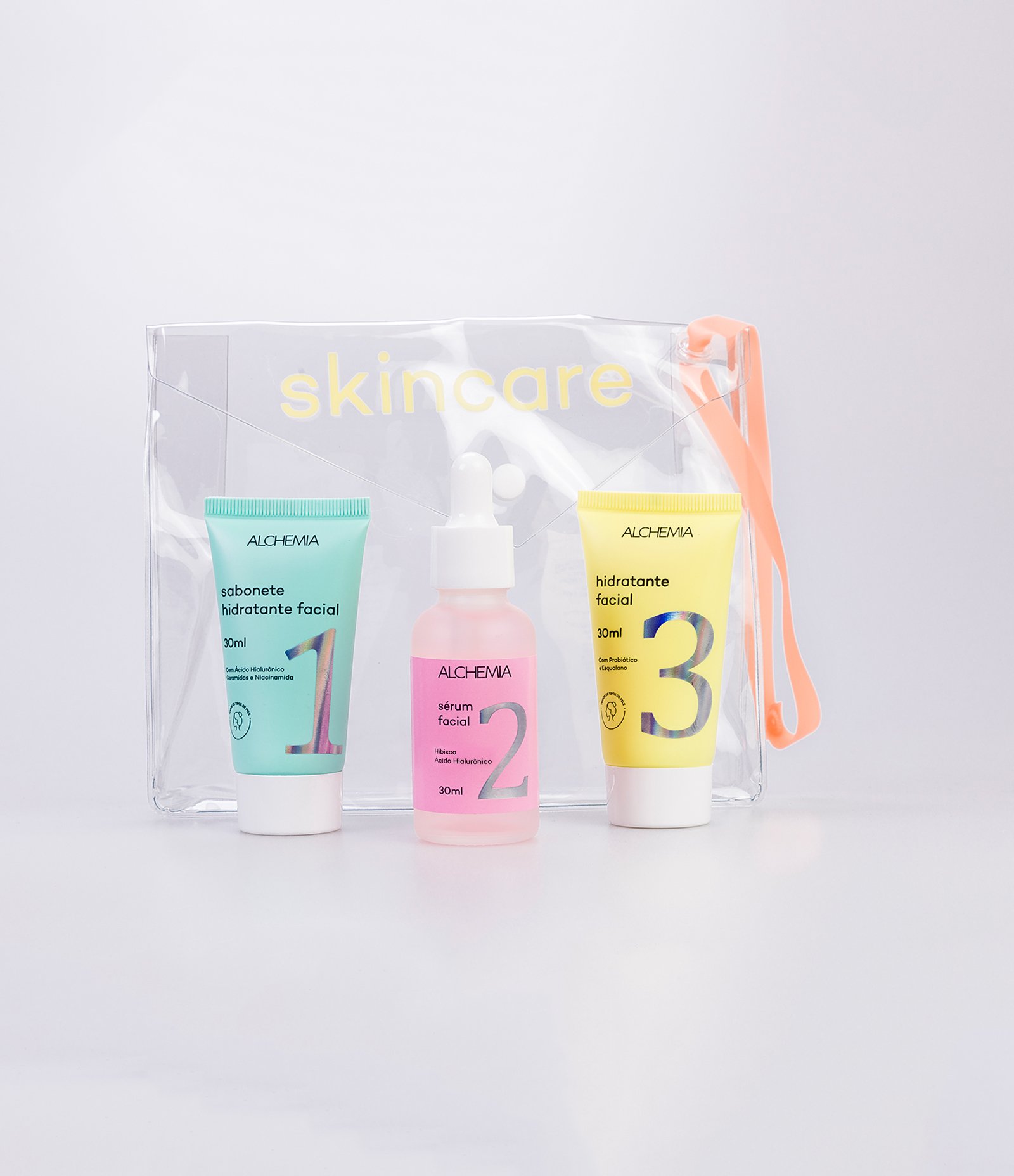 Kit Skincare com Nécessaire Envelope+ Sabonete Liquido + Sérum Facial + Hidratante Facial Alchemia KIT 3