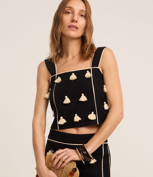 Blusa em Algodão com Linho com Tassels Aplicados