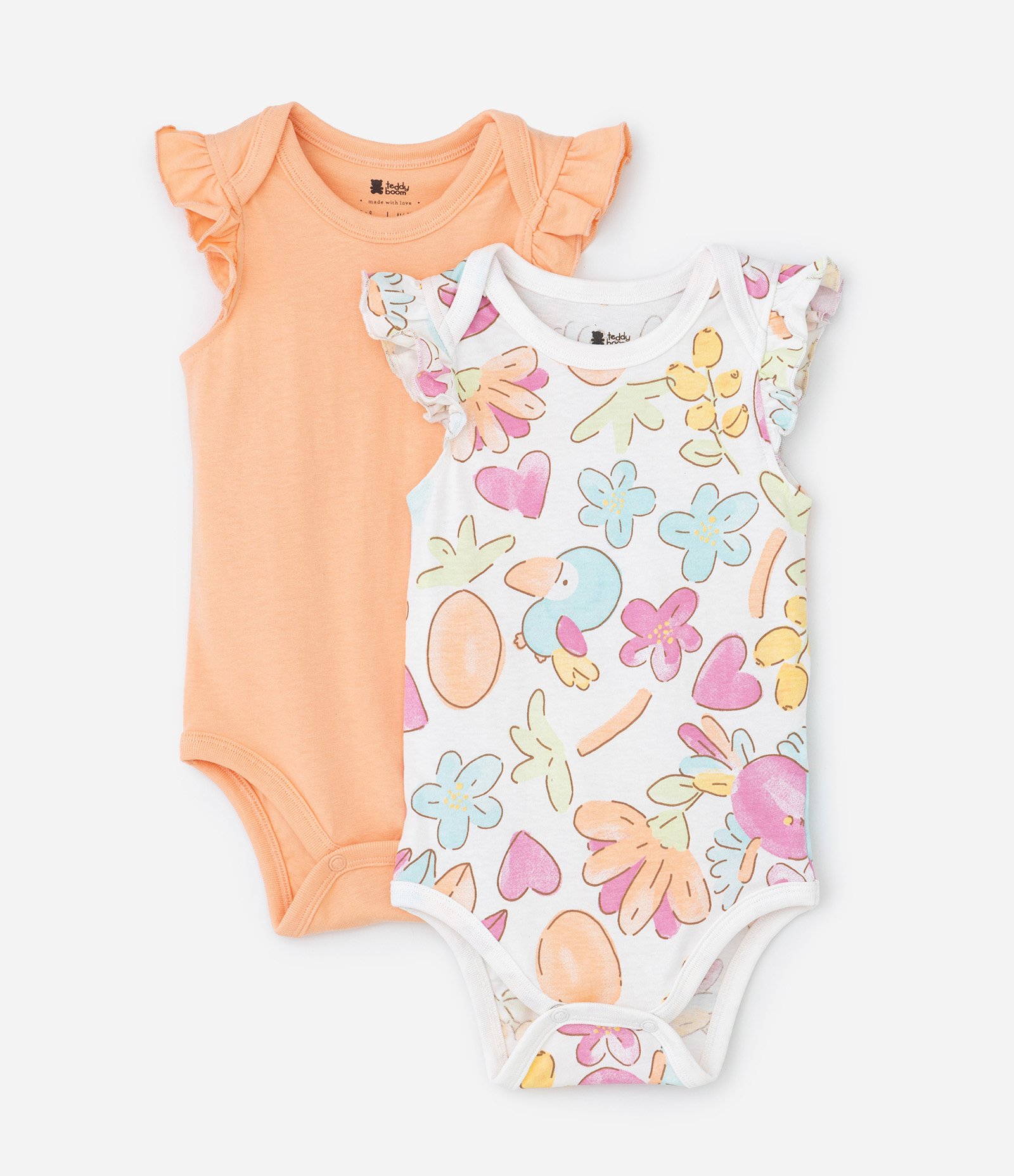 Kit 02 Bodies Infantis com Babado e Estampa Floral - Tam 0 a 18 meses Laranja/Multicores 1