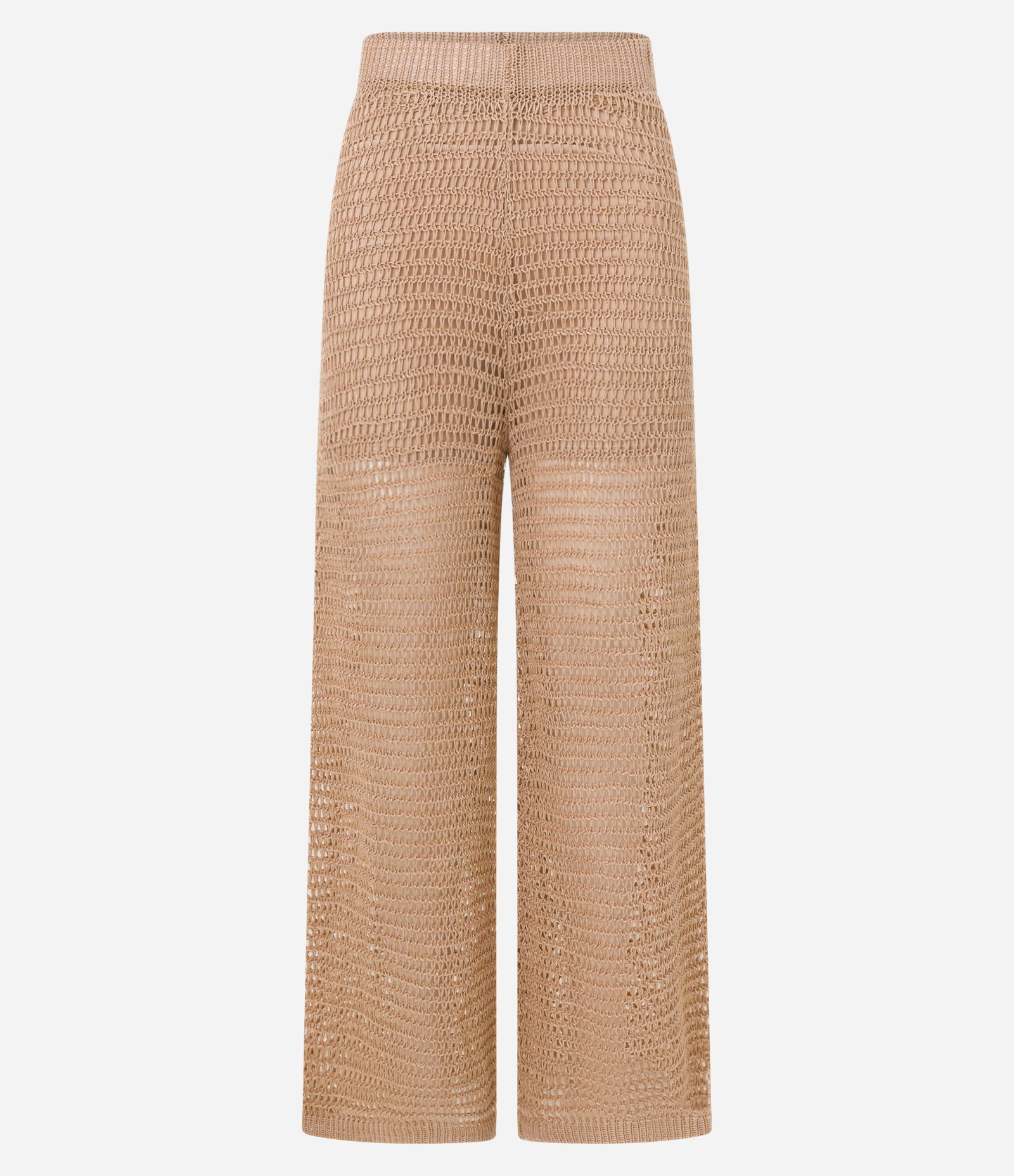 Calça Reta Cintura Alta em Tricô com Ponto Efeito Crochê Bege 8