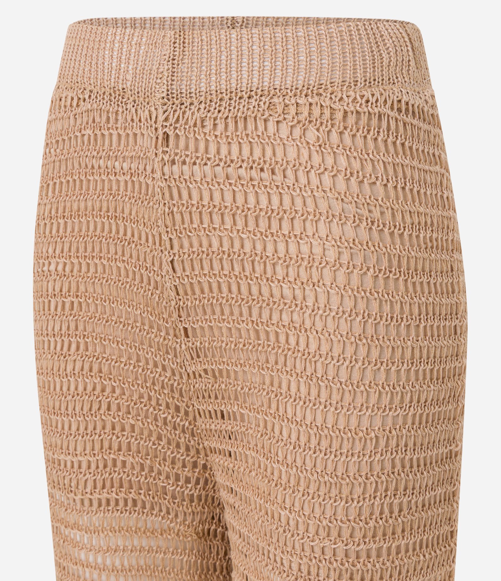 Calça Reta Cintura Alta em Tricô com Ponto Efeito Crochê Bege 9
