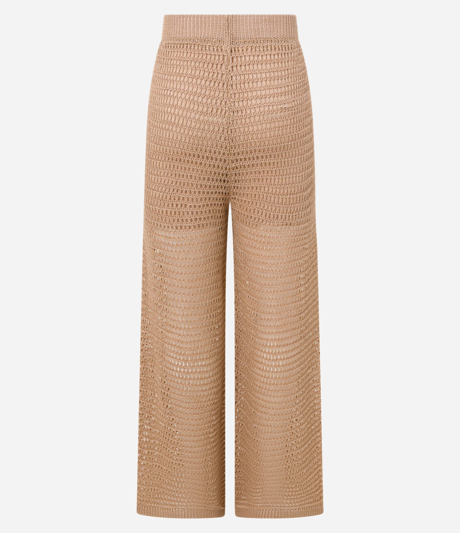 Calça Reta Cintura Alta em Tricô com Ponto Efeito Crochê Bege 10