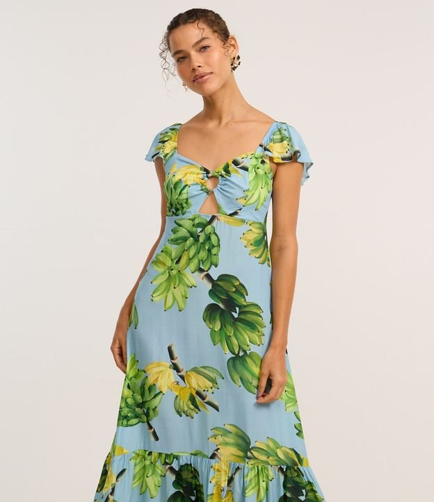 Vestido Longo em Viscose com Babado e Estampa Tropical