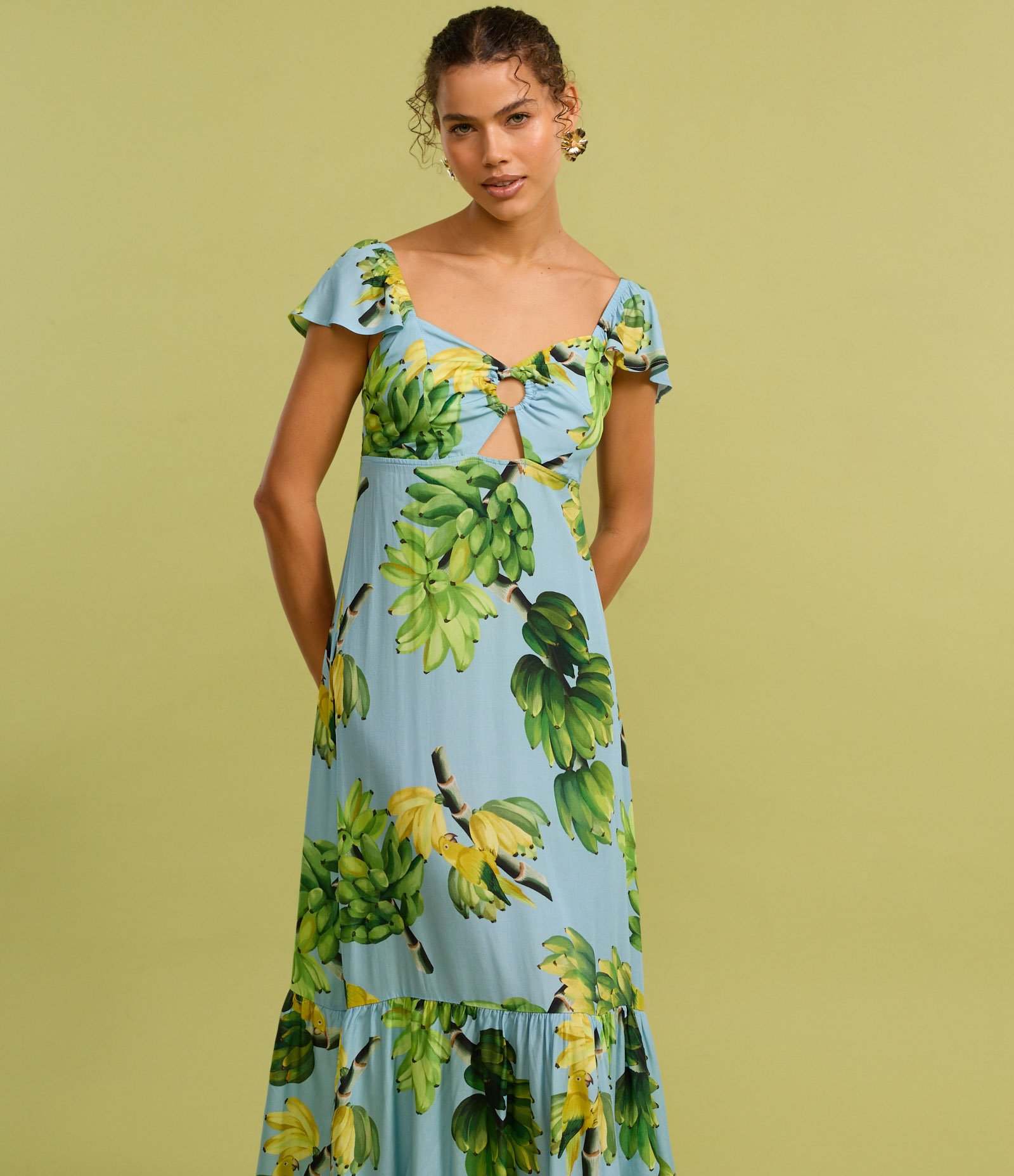 Vestido Longo em Viscose com Babado e Estampa Tropical Azul 5