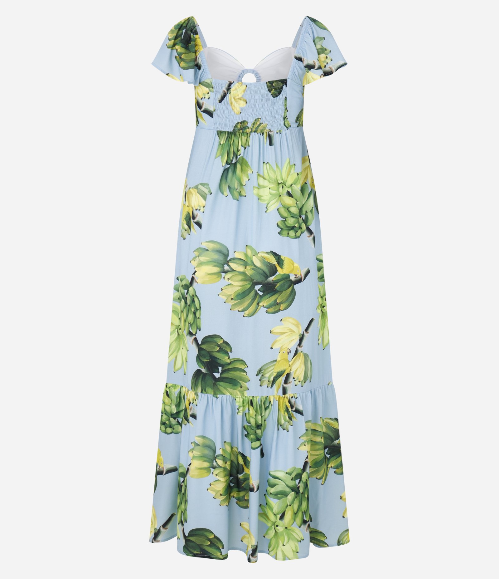 Vestido Longo em Viscose com Babado e Estampa Tropical Azul 7