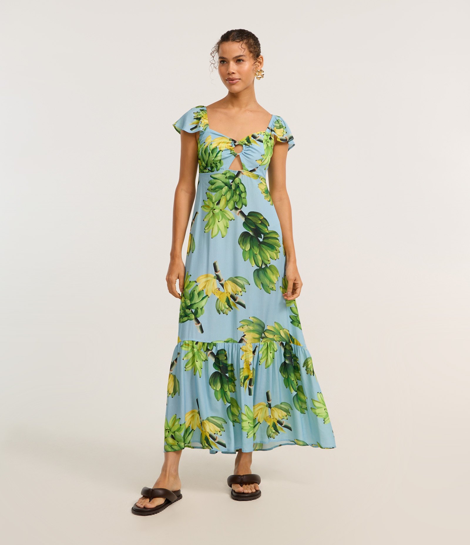 Vestido Longo em Viscose com Babado e Estampa Tropical Azul 1