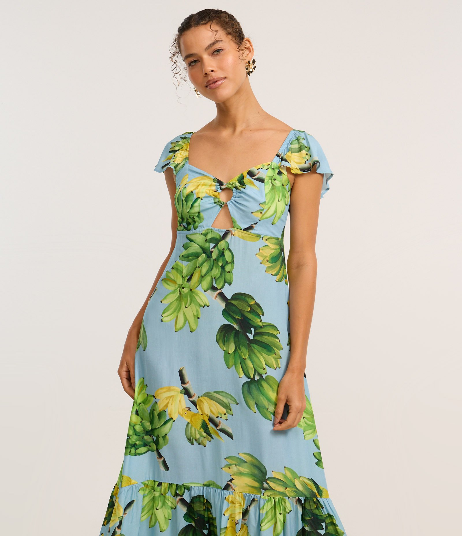 Vestido Longo em Viscose com Babado e Estampa Tropical Azul 2
