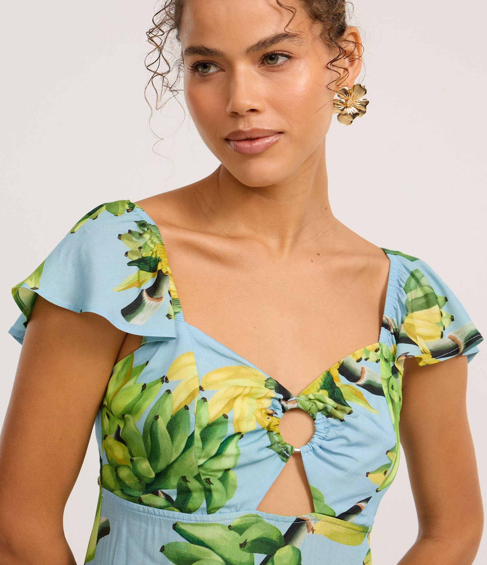 Vestido Longo em Viscose com Babado e Estampa Tropical Azul 3