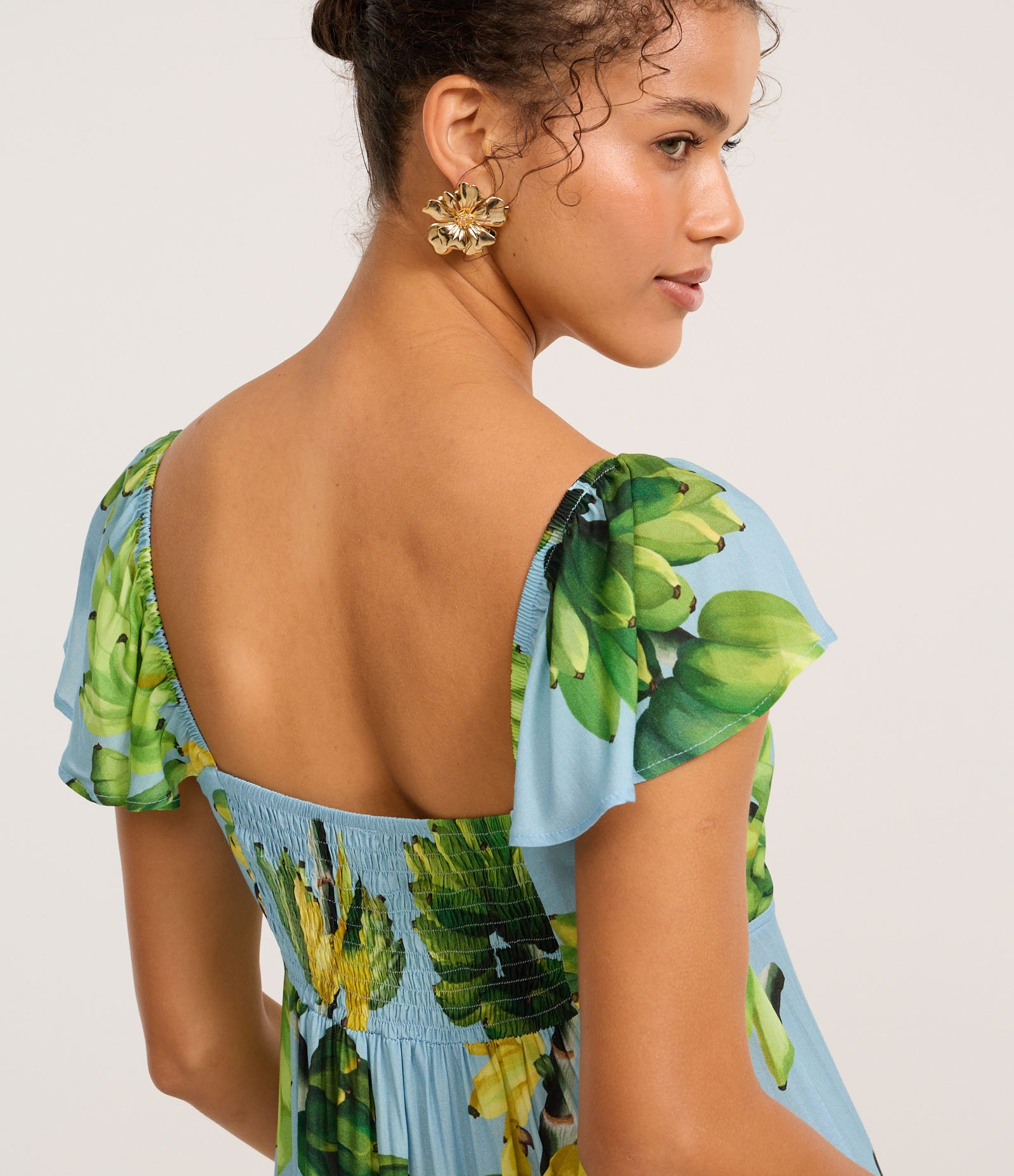 Vestido Longo em Viscose com Babado e Estampa Tropical Azul 4