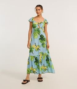 Vestido Longo em Viscose com Babado e Estampa Tropical