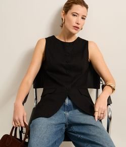 Colete Longo em Viscolinho com Botões Forrados e Lapelas