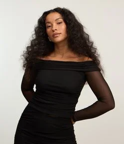 Blusa Ombro a Ombro em Tule com Pala Dobrada