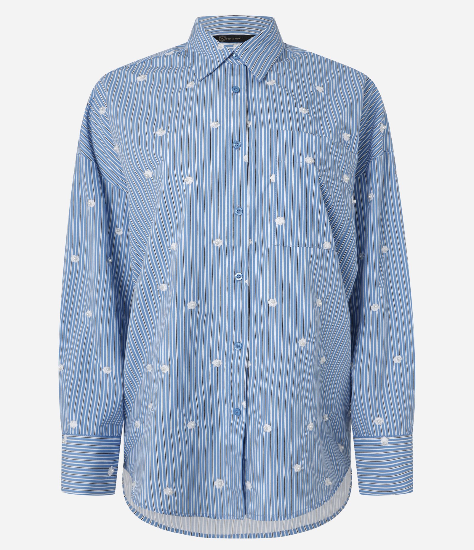 Camisa em Tricoline com Estampa Listras a Fio Tinto e Aplicação de Pérolas Azul 7